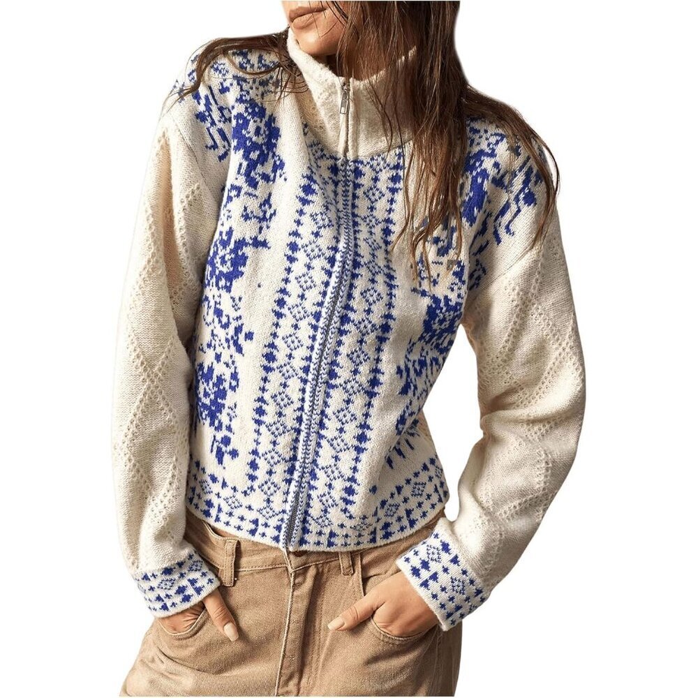 Women's Knit Zipper Cardigan Sweater Long Sleeve Boho Floral Print Medium